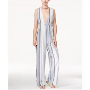 Free People My Kind of Woman Blue Striped Linen Blend Jumpsuit